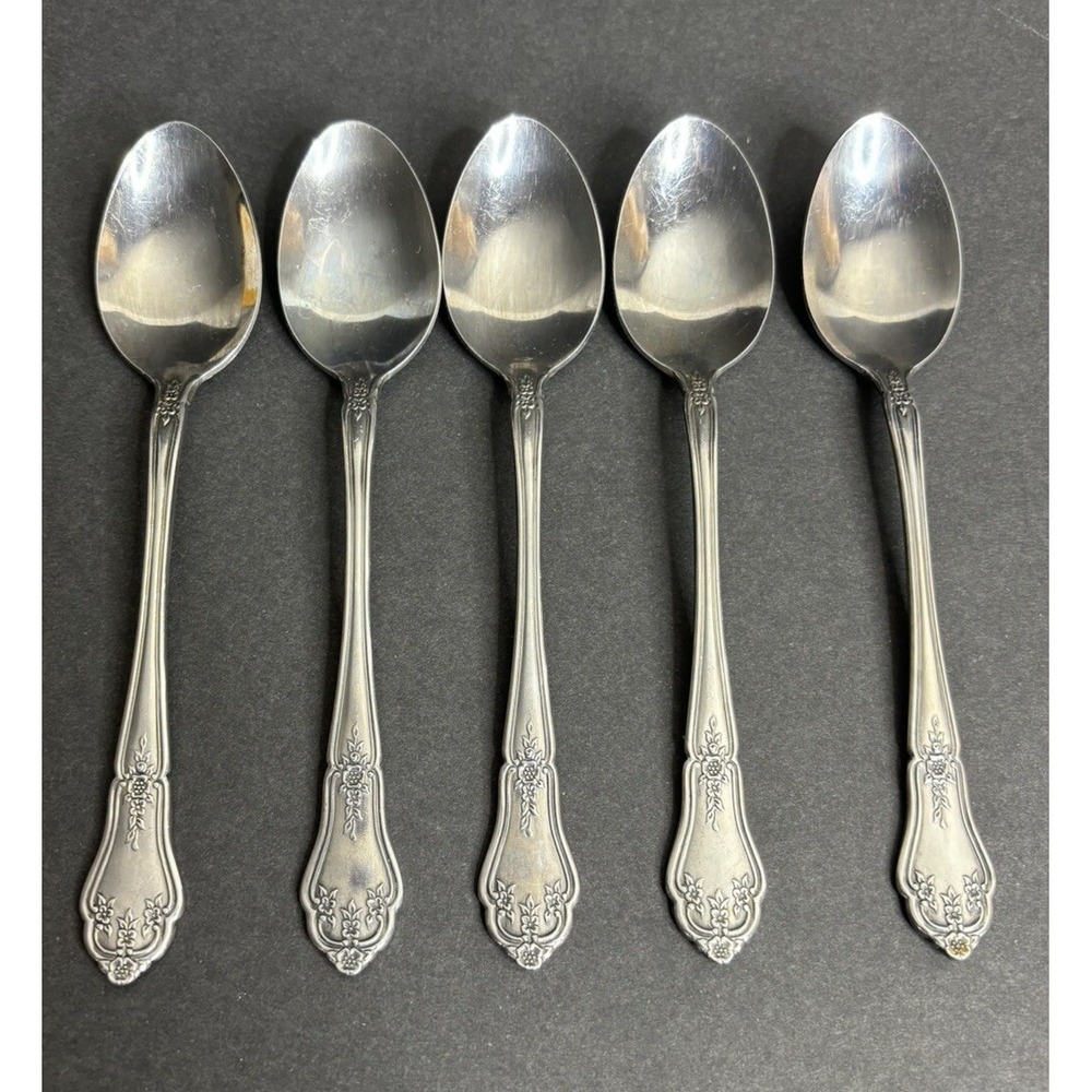 5 Rogers Stanley Roberts Teaspoons 6" Floral Korea Stainless Flatware